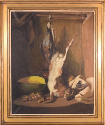 Guillermo Martinez Soliman, Still Life with Hare and Melon, Mid 20th-Century, Oil on Canvas, Framed-AOI-1106722