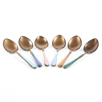 Guilloché Enamel Silver Spoons, Set of 6-WMV-1362826