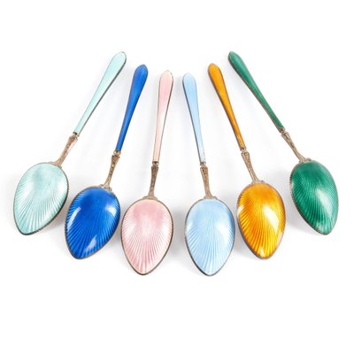 Guilloché Enamel Silver Spoons, Set of 6-WMV-1362826