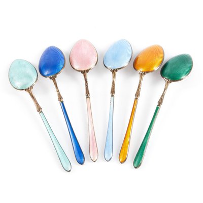 Guilloché Enamel Silver Spoons, Set of 6-WMV-1362826