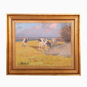 Gunnar Bundgaard, Grazing Cattle by the Fjord, 20th-Century, Oil on Canvas, Framed-DQ-1295898