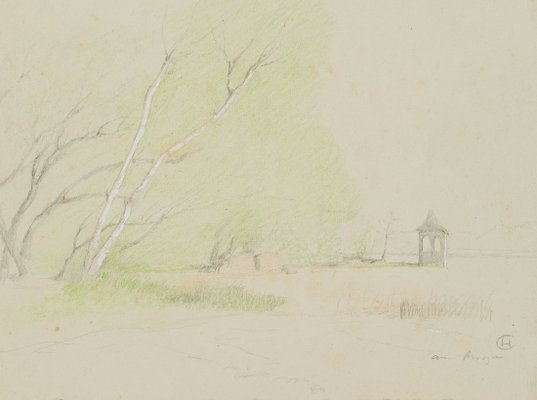 H. Christianen, on the Lakeshore Under Trees, 20th-Century, Pencil-OJR-1273448