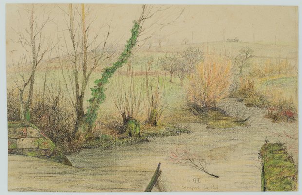 H. Christiansen, Stream landscape with willows near fallen fruit meadow, 1917, Pencil-OJR-1273346