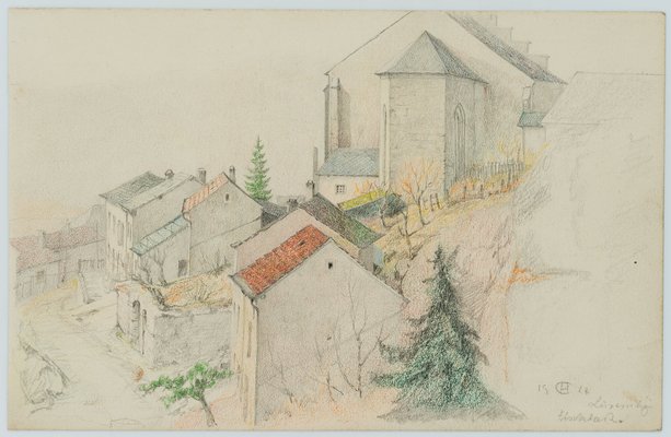 H. Christiansen, Street and Church in Fischbach in Luxembourg, 1924, Pencil-OJR-1273379