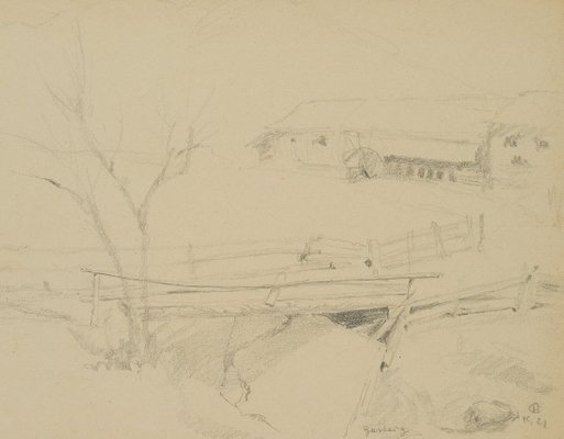 H. Christiansen, Wooden Footbridge and Mill near Gasteig, 1921, Pencil-OJR-1273361