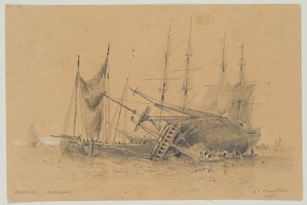 H. Cuvillier, Sailing ship keelhauling on the beach, 1853, Pencil-OJR-1273323