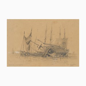 H. Cuvillier, Sailing ship keelhauling on the beach, 1853, Pencil-OJR-1273323