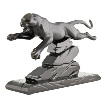 H. Gual, Art Deco Panther Sculpture, 1930, Metal & Marble-KTN-2028880