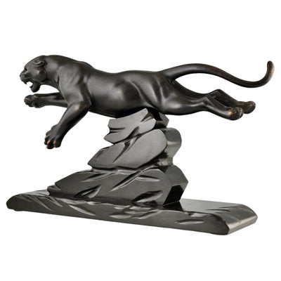 H. Gual, Art Deco Panther Sculpture, 1930, Metal & Marble-KTN-2028880