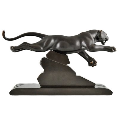 H. Gual, Art Deco Panther Sculpture, 1930, Metal & Marble-KTN-2028880