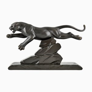 H. Gual, Art Deco Panther Sculpture, 1930, Metal & Marble-KTN-2028880