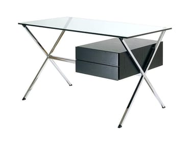 ALBINI DESK - Glass and steel writing desk with wooden drawers by Knoll