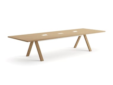 CROSS - Wooden meeting table with electrical outlets by Arper