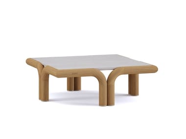 IMANE - Square iroko garden side table with travertine top by Paolo Castelli