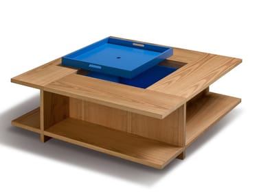 BOOK - Low square cherry wood coffee table with integrated magazine rack by Morelato