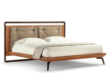 VOLARE DUE - Leather double bed with fabric upholstered headboard by Poltrona Frau