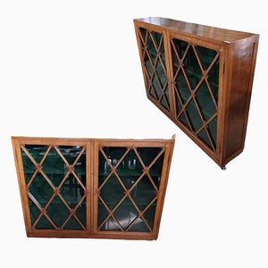 Half-Length Cupboards with Glazed Doors in Beech Wood and Castors with Brakes, Set of 2-TCS-1812906