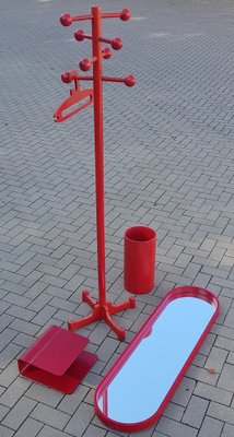 Hallway Coat Rack with Mirror, Storage and Umbrella Stand in Red, 1970s, Set of 4-QDP-1033029