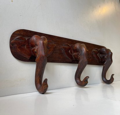 Hand-Carved Elephant Coat or Towel Rack in Dark Wood, 1930s-LCR-1383547