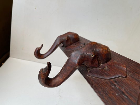 Hand-Carved Elephant Coat or Towel Rack in Dark Wood, 1930s-LCR-1383547