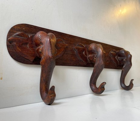 Hand-Carved Elephant Coat or Towel Rack in Dark Wood, 1930s-LCR-1383547