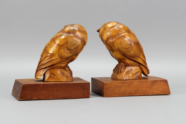 Hand Carved Owl Wooden Bookends, Germany, 1930s, Set of 2-KEG-1368827