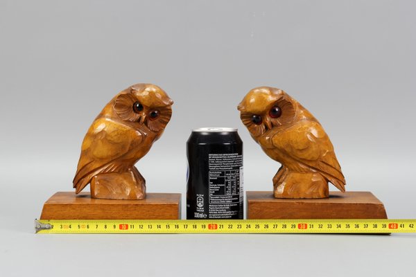 Hand Carved Owl Wooden Bookends, Germany, 1930s, Set of 2-KEG-1368827