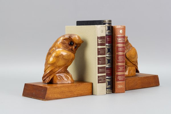 Hand Carved Owl Wooden Bookends, Germany, 1930s, Set of 2-KEG-1368827