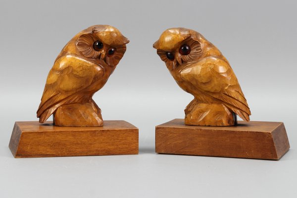 Hand Carved Owl Wooden Bookends, Germany, 1930s, Set of 2-KEG-1368827