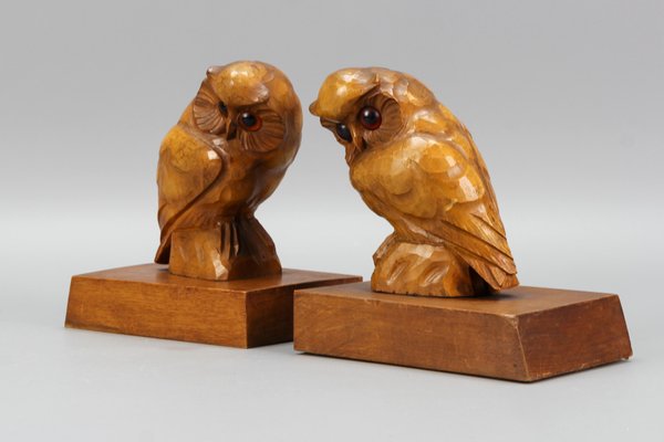 Hand Carved Owl Wooden Bookends, Germany, 1930s, Set of 2-KEG-1368827