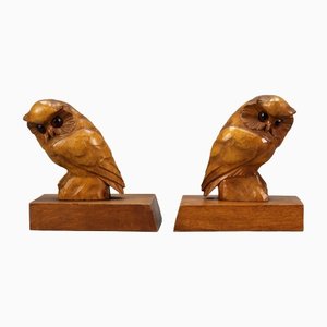 Hand Carved Owl Wooden Bookends, Germany, 1930s, Set of 2-KEG-1368827