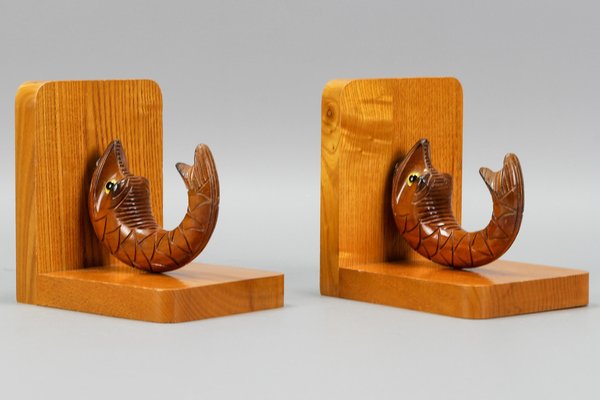 Hand Carved Sturgeons Wooden Bookends, Germany, 1970s, Set of 2-KEG-1369947