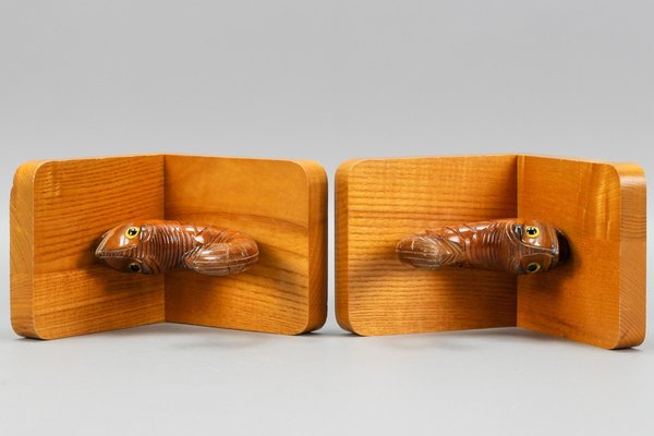 Hand Carved Sturgeons Wooden Bookends, Germany, 1970s, Set of 2-KEG-1369947