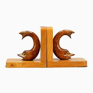 Hand Carved Sturgeons Wooden Bookends, Germany, 1970s, Set of 2-KEG-1369947