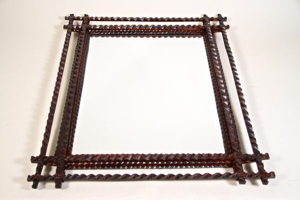 Hand-Carved Tramp Art Basswood Wall Mirror, Austria, 1880s-TQA-1321932