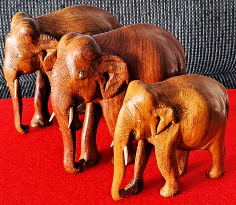 Hand-Carved Wooden Elephants, 1960s, Set of 3-ZYI-1739780