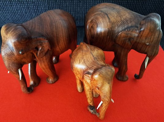 Hand-Carved Wooden Elephants, 1960s, Set of 3-ZYI-1739780