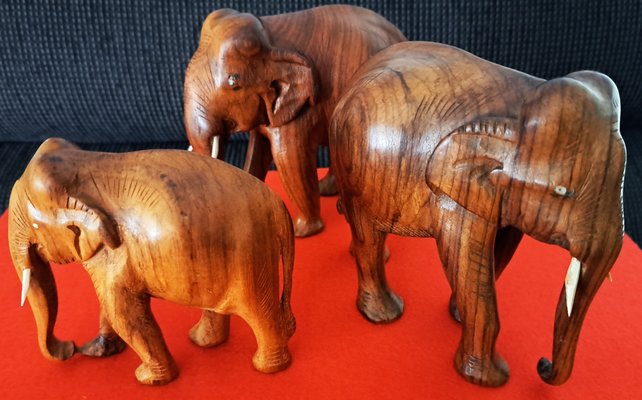 Hand-Carved Wooden Elephants, 1960s, Set of 3-ZYI-1739780