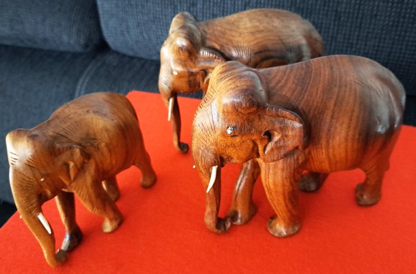 Hand-Carved Wooden Elephants, 1960s, Set of 3-ZYI-1739780