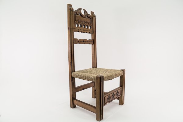 Hand Carved Wooden High Back Chair with Sea Grass Seat, Spain, 1960s-KQB-1435965