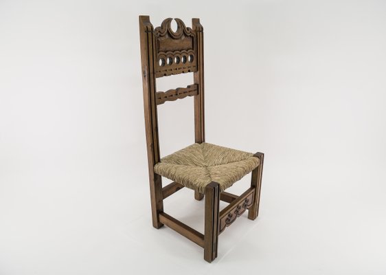 Hand Carved Wooden High Back Chair with Sea Grass Seat, Spain, 1960s-KQB-1435965