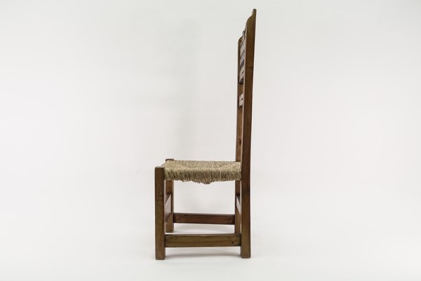 Hand Carved Wooden High Back Chair with Sea Grass Seat, Spain, 1960s-KQB-1435965