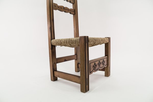 Hand Carved Wooden High Back Chair with Sea Grass Seat, Spain, 1960s-KQB-1435965