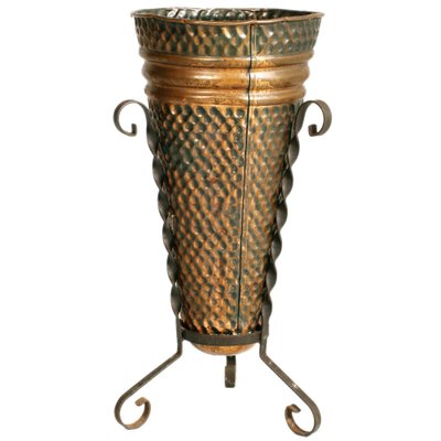 Hand-Embossed Umbrella Stand in Burnished Brass and Wrought Iron, 1940s-NJV-1033416