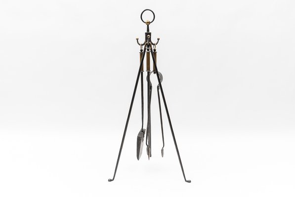 Hand Forged Iron and Brass Tripod Stand with Fireplace Tools, Austria, 1950s, Set of 4-KQB-1768397