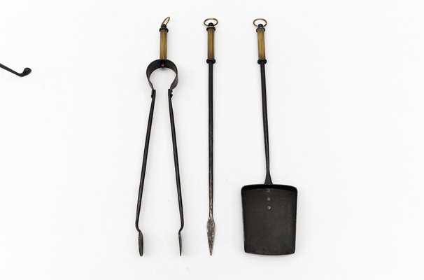 Hand Forged Iron and Brass Tripod Stand with Fireplace Tools, Austria, 1950s, Set of 4-KQB-1768397