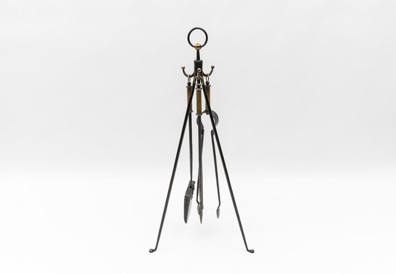 Hand Forged Iron and Brass Tripod Stand with Fireplace Tools, Austria, 1950s, Set of 4-KQB-1768397