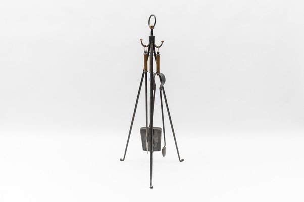 Hand Forged Iron and Brass Tripod Stand with Fireplace Tools, Austria, 1950s, Set of 4-KQB-1768397