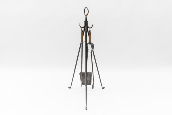 Hand Forged Iron and Brass Tripod Stand with Fireplace Tools, Austria, 1950s, Set of 4-KQB-1768397