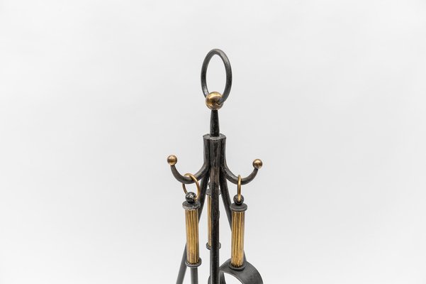 Hand Forged Iron and Brass Tripod Stand with Fireplace Tools, Austria, 1950s, Set of 4-KQB-1768397